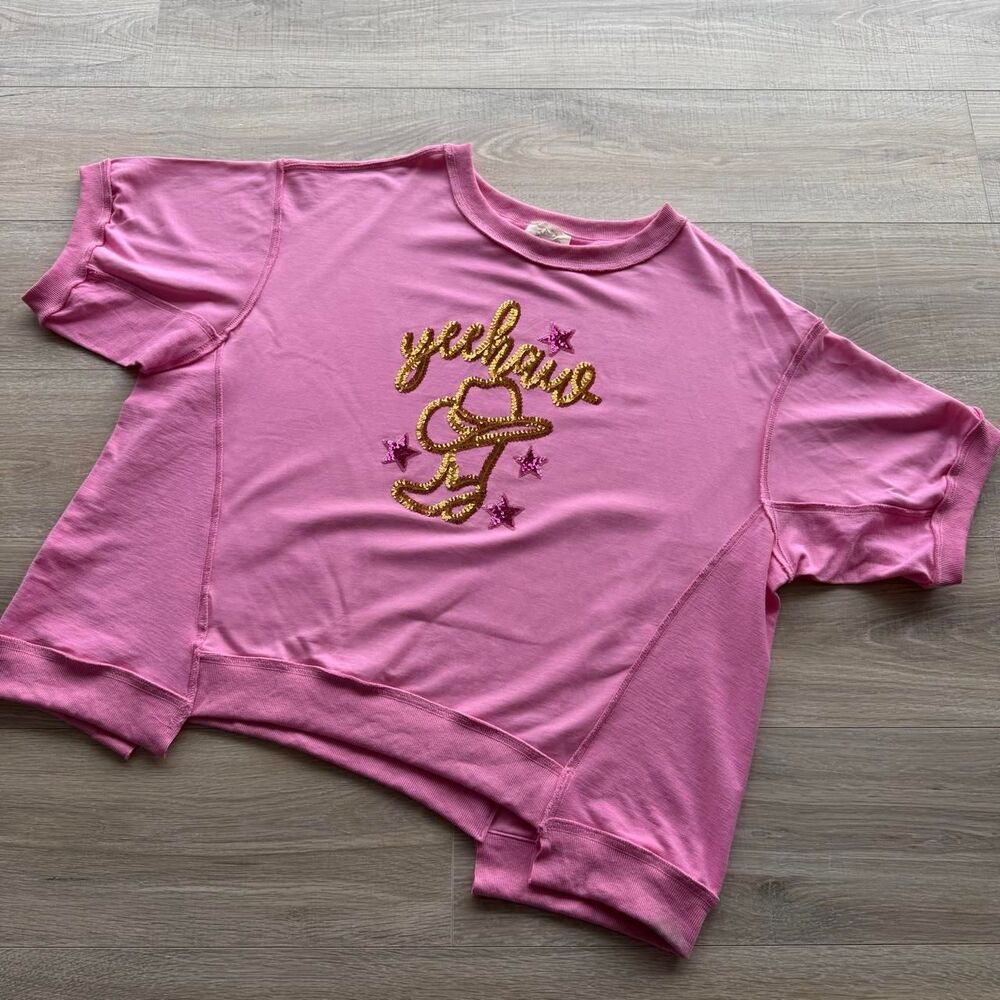 Fantastic Fawn Large Oversized Shirt Pink & Gold 'Yeehaw' Cowboy Boot Sequins